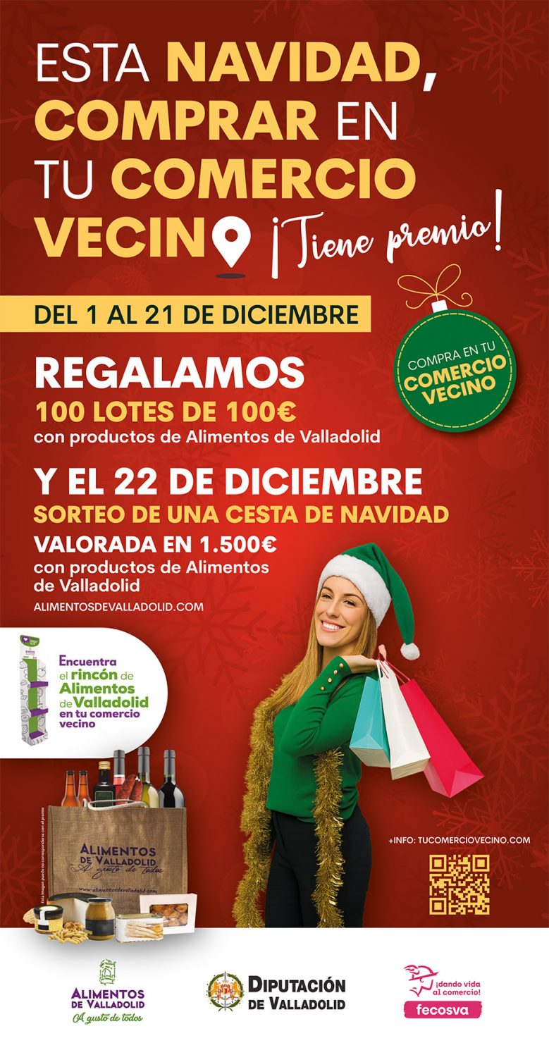 Cartel de la campaña de Navidad 2025 de Alimentos de Valladolid y FECOSVA con el lema “Esta Navidad, comprar en tu comercio vecino, tiene premio”.